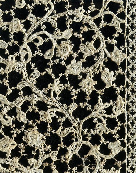 an intricate white lace with flowers and vines on black background, closeup view from above