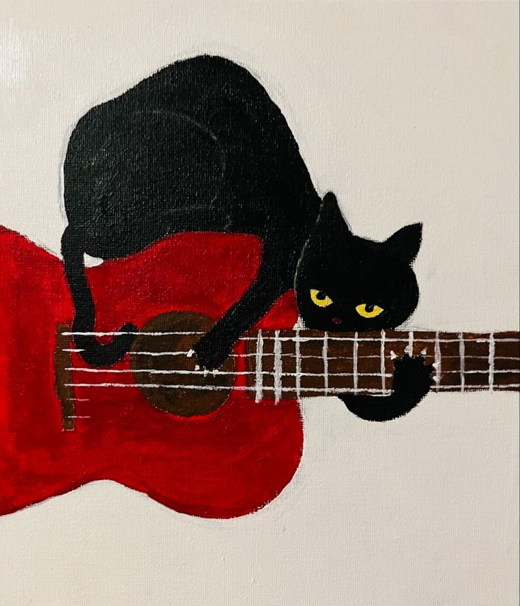 a painting of a black cat sitting on top of a red guitar