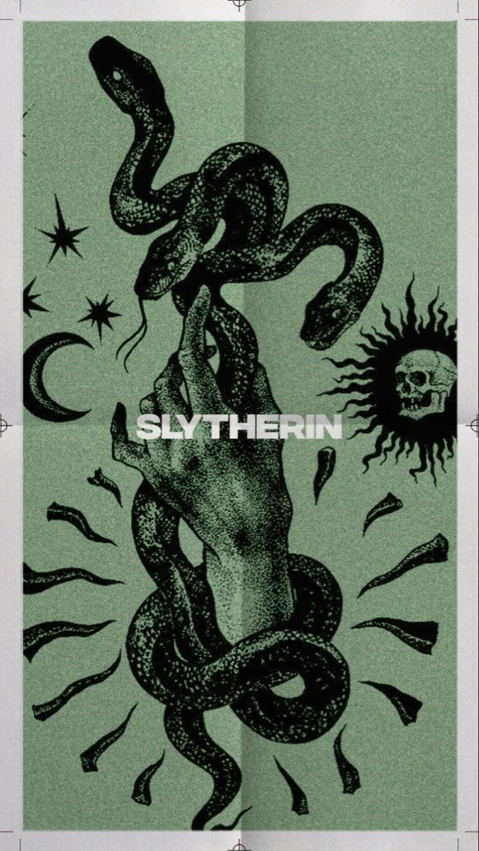 A drawing of hand is holding a three headed snake. There is also a skull on the right and a moon with star on the left. Slytherin is written in capital kn the middle of the picture. The drawing style is like engraving. The pic is tinted in a washed out green color. Slytherin Poster Vintage, Slytherin Aesthetic Poster, Simple Slytherin Wallpaper, Heir Of Slytherin Aesthetic, Subtle Slytherin Wallpaper, Slytherin Playlist Cover, Slytherin Phone Wallpaper, Slytherin Wallpaper Backgrounds, Harry Potter Slytherin Wallpapers