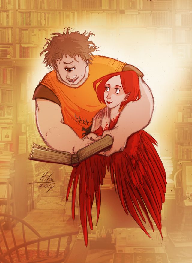 an image of a man holding a woman in his arms with books on the shelves behind him