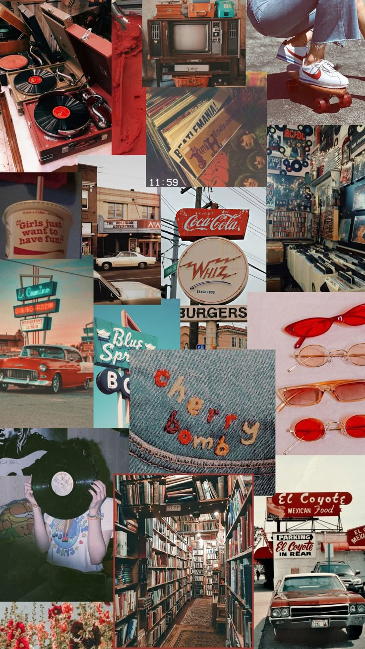 a collage of photos with old cars, signs, and other things in them