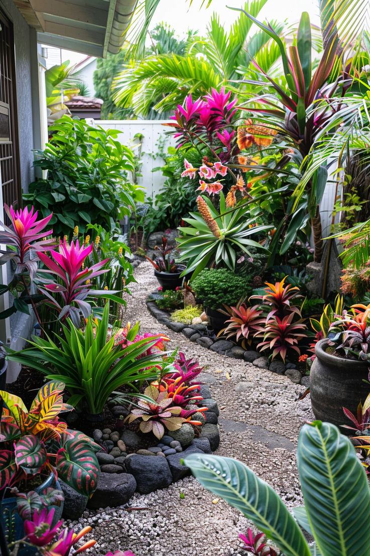 A collection of miniature tropical garden makeovers, featuring lush plants, vibrant flowers, and decorative elements to inspire your own tiny paradise. Narrow Tropical Garden, Tropical Garden Landscaping, Florida Yard Landscaping, Florida Gardens Landscaping, Bird Of Paradise Plant Outdoor Landscape, Tropical Planter Ideas, Bromeliad Landscaping Ideas, Plant Arrangements Outdoor, Tropical Garden Design Landscaping