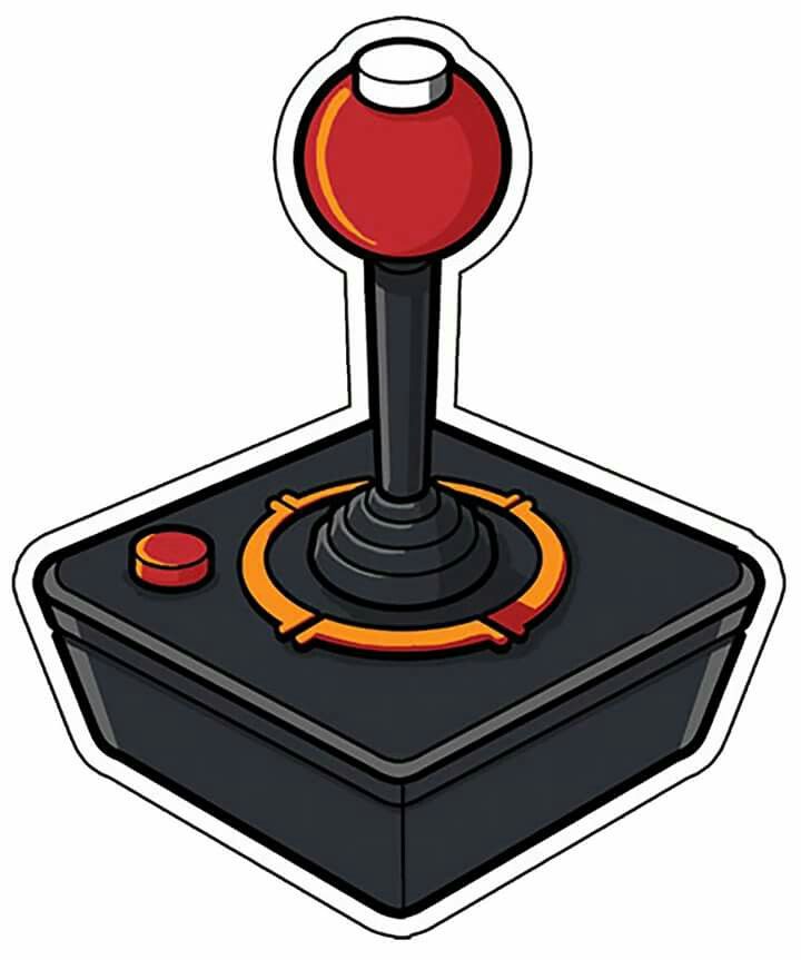 a black and red game controller with an orange button on the front, sitting in front of a white background