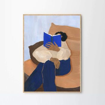 a painting of a person sitting on a couch with a book in their lap, reading