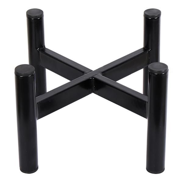 a black metal table with four legs and one leg in the shape of an x