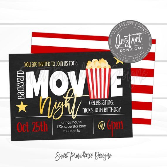 a movie night birthday party ticket card with popcorn on the front and red striped background