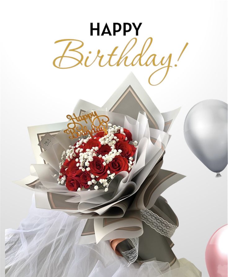 a birthday card with roses and balloons