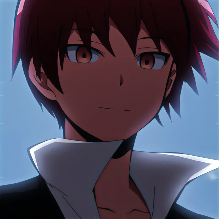 an anime character with red hair looking at the camera