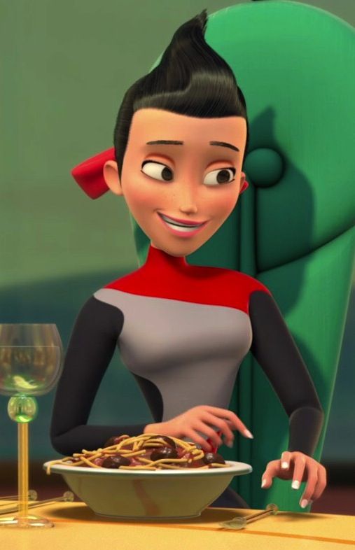 a cartoon character sitting at a table with food in front of her and a glass of wine