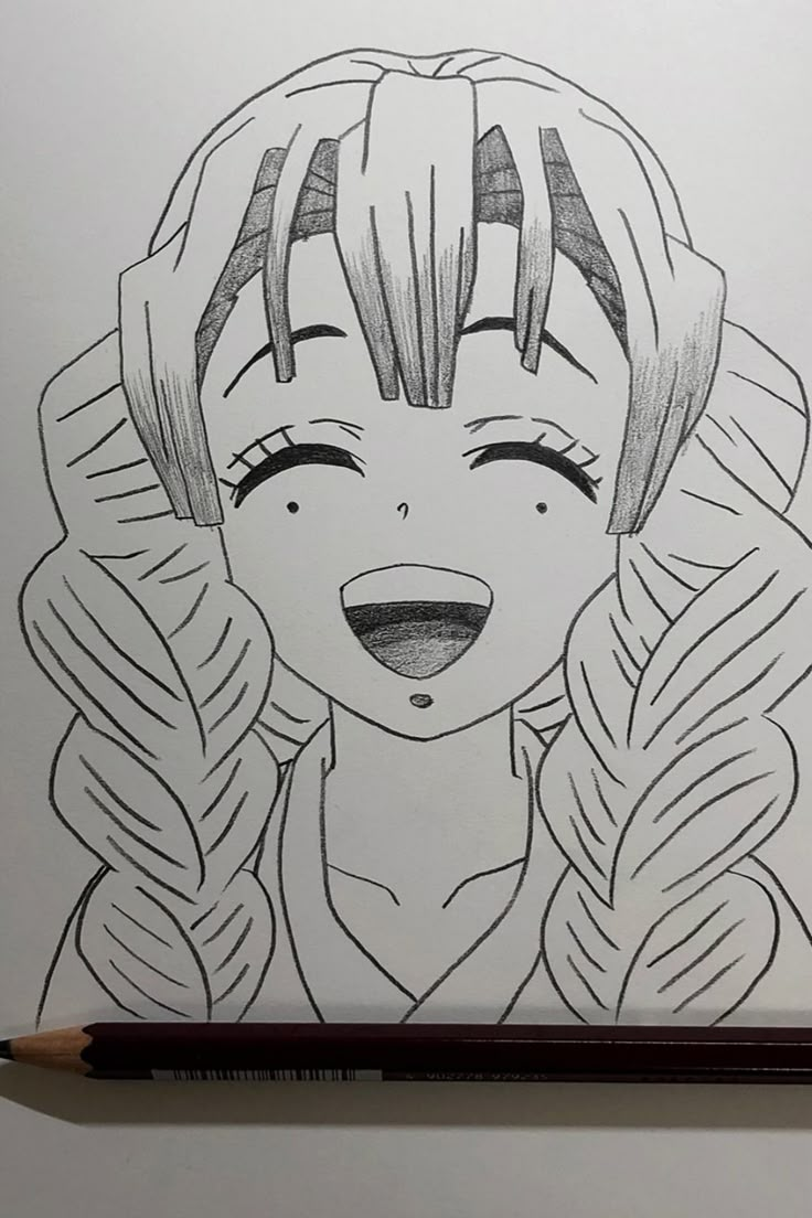 a pencil drawing of a girl with long hair and big eyes, wearing braids