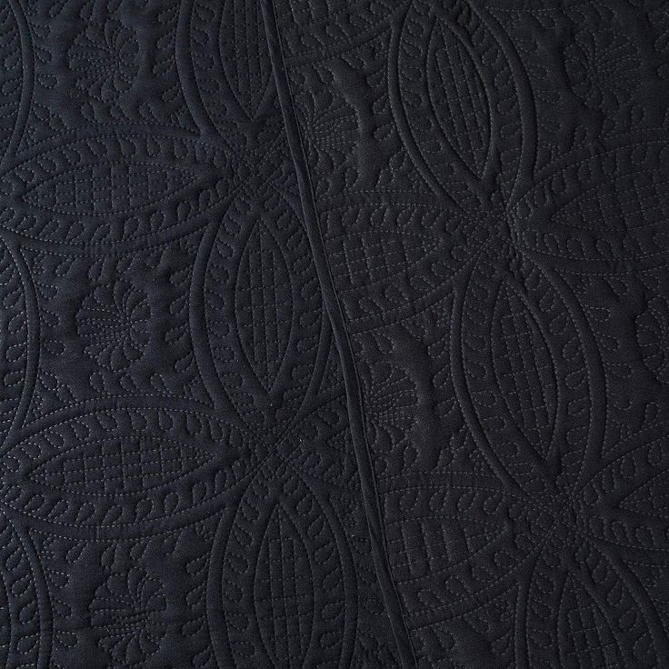 black quilted fabric with an intricate design on the front and back side, closeup