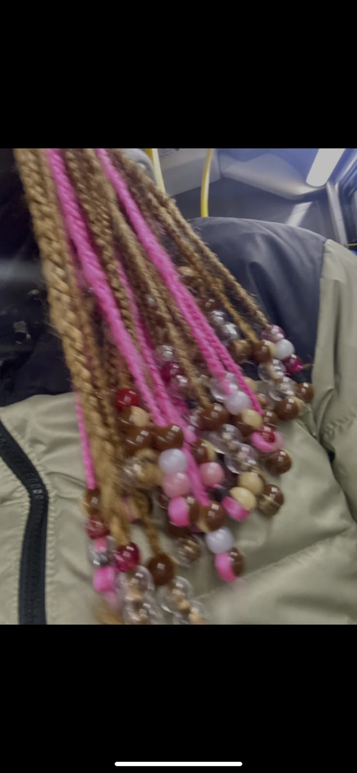 Brown Skunk Stripe Braids, Knotless Box Braids With Beads And Color, Skunk Box Braids, Pink Box Braids With Beads, Peekaboo With Beads, Brown And Pink Knotless Braids With Beads, Pink Brown And Blonde Knotless Braids, Pink Beads On Braids, Box Braids With Pink Beads