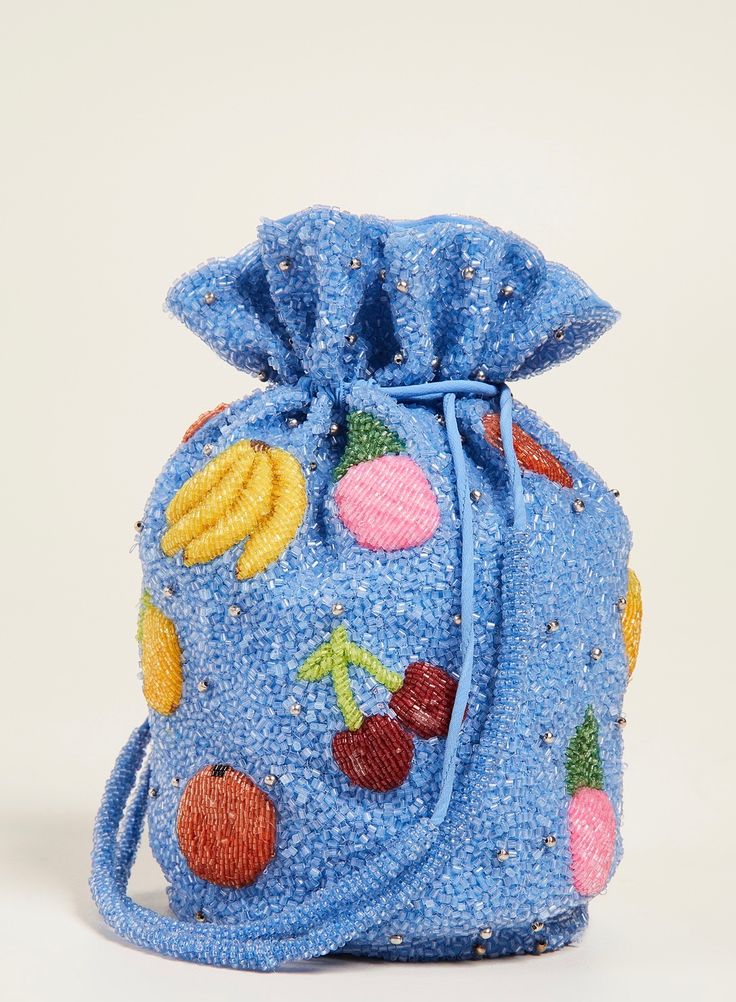 Blue Beaded Fruit Bucket Bag by Ganni, Bananas, Cherries, Lemon Disco Fashion, Danish Fashion, Potli Bags, Beaded Bag, Novelty Bags, 자수 디자인, Beaded Bags, Cute Bags, New Classic