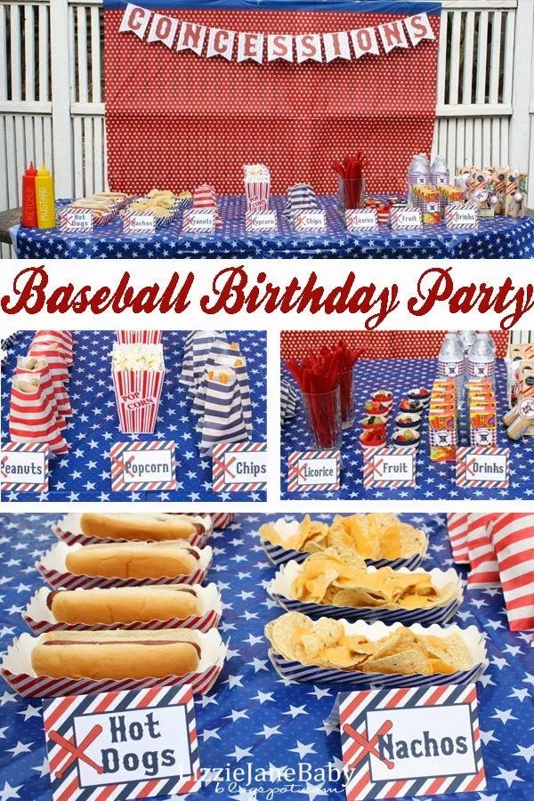 a baseball birthday party with hot dogs, chips and drinks on a table covered in stars and stripes