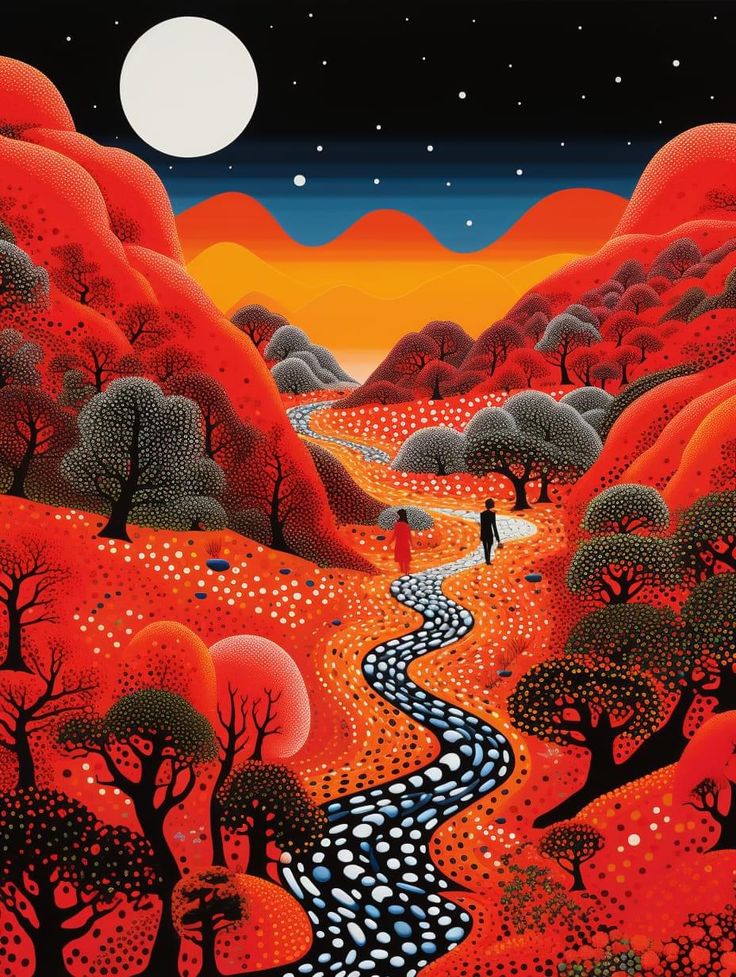 a painting of a person walking on a path in the middle of a forest at night