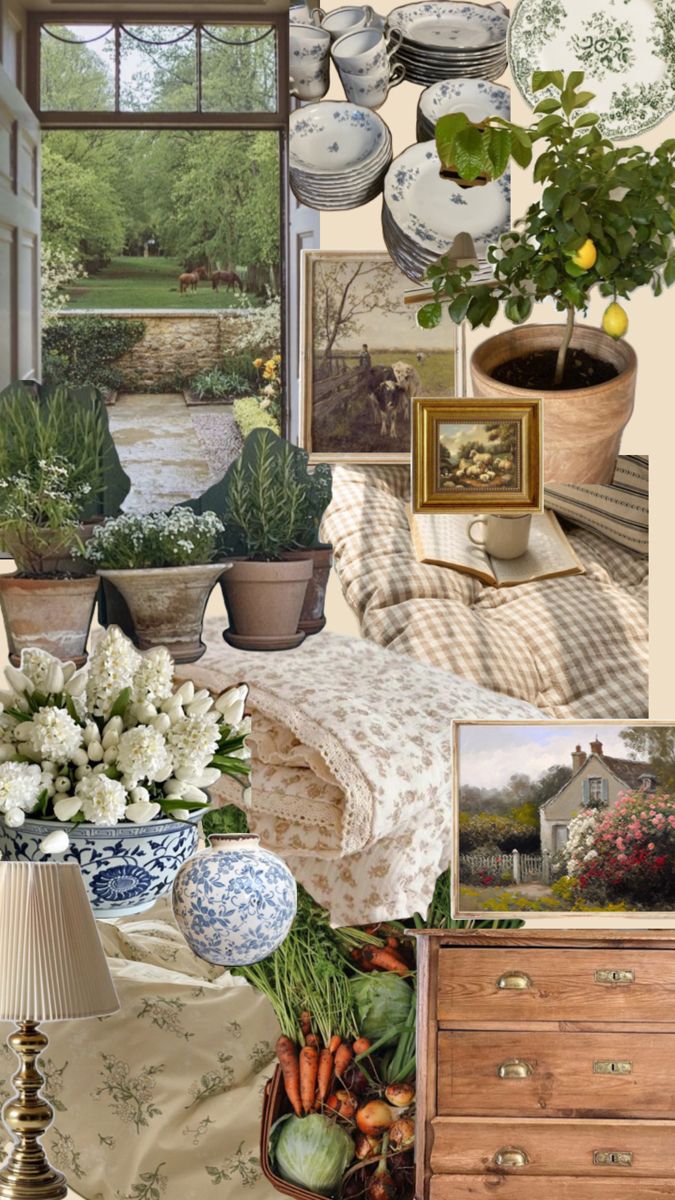 a collage of photos with flowers, plants and pictures on the table in front of an open window