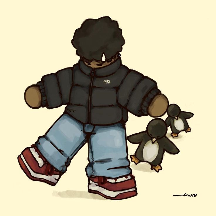 a drawing of a little boy walking next to a penguin