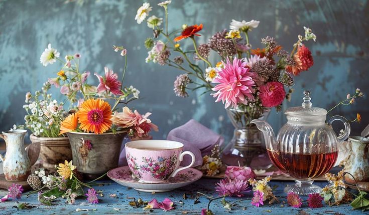 a table topped with tea cups and vases filled with different types of flowers next to each other