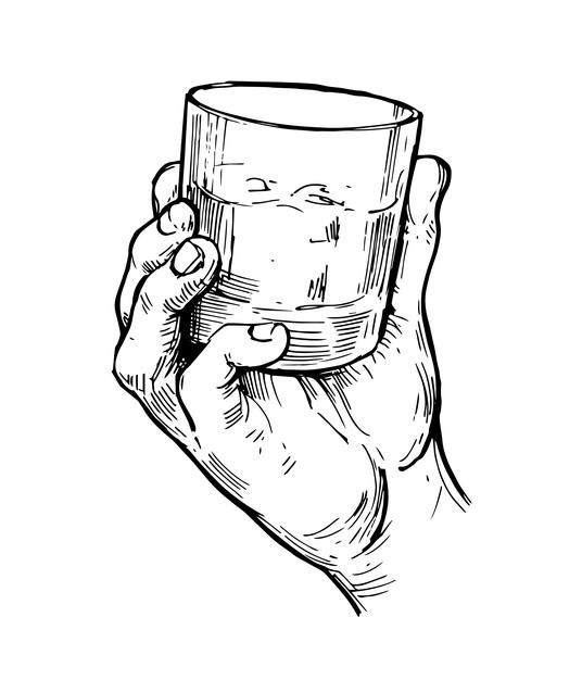 hand holding a glass with water in it, black and white line drawing on paper