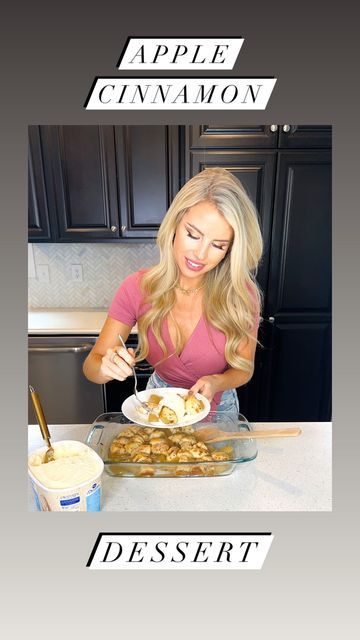 a woman is making food in the kitchen with words above her that read apple cinnamon dessert