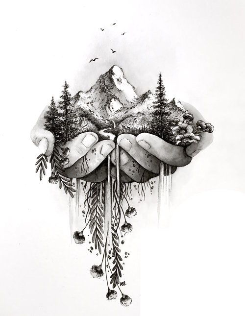 a drawing of two hands holding trees and mountains