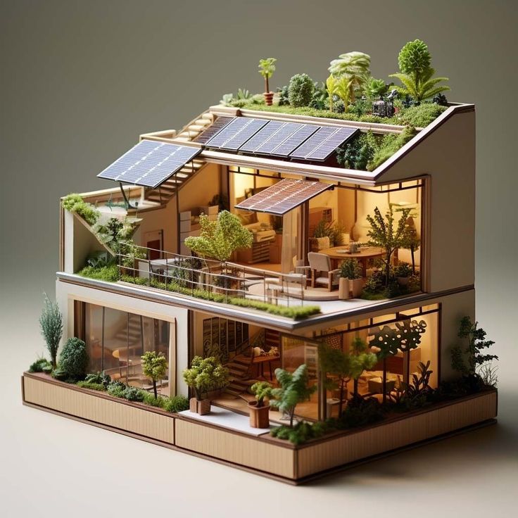 a model of a house with solar panels on the roof