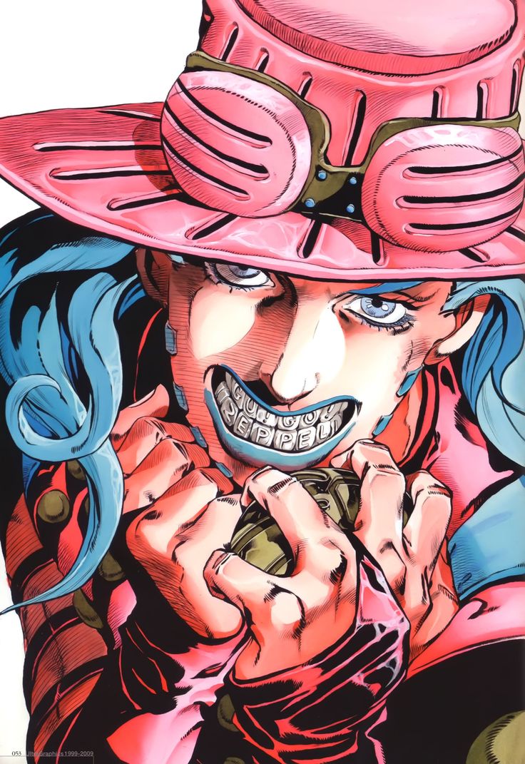 a drawing of a man with blue hair wearing a pink hat and holding his hand to his mouth