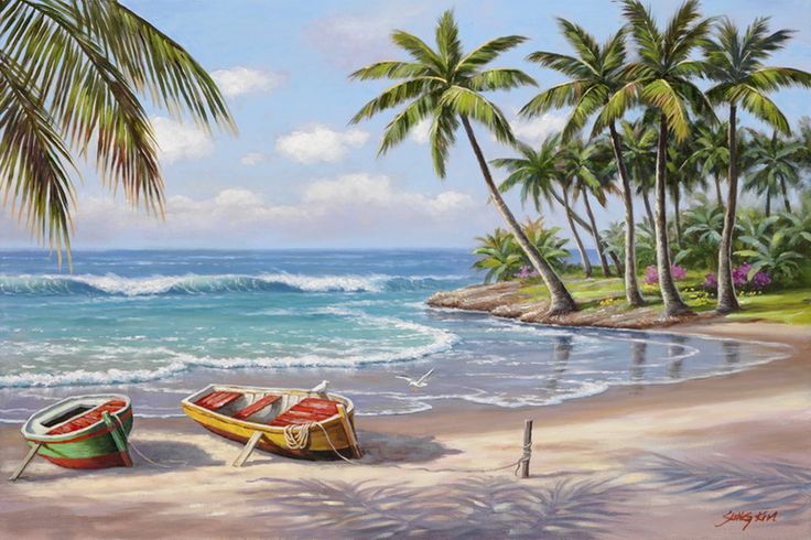 a painting of two boats on the beach with palm trees and water in the background