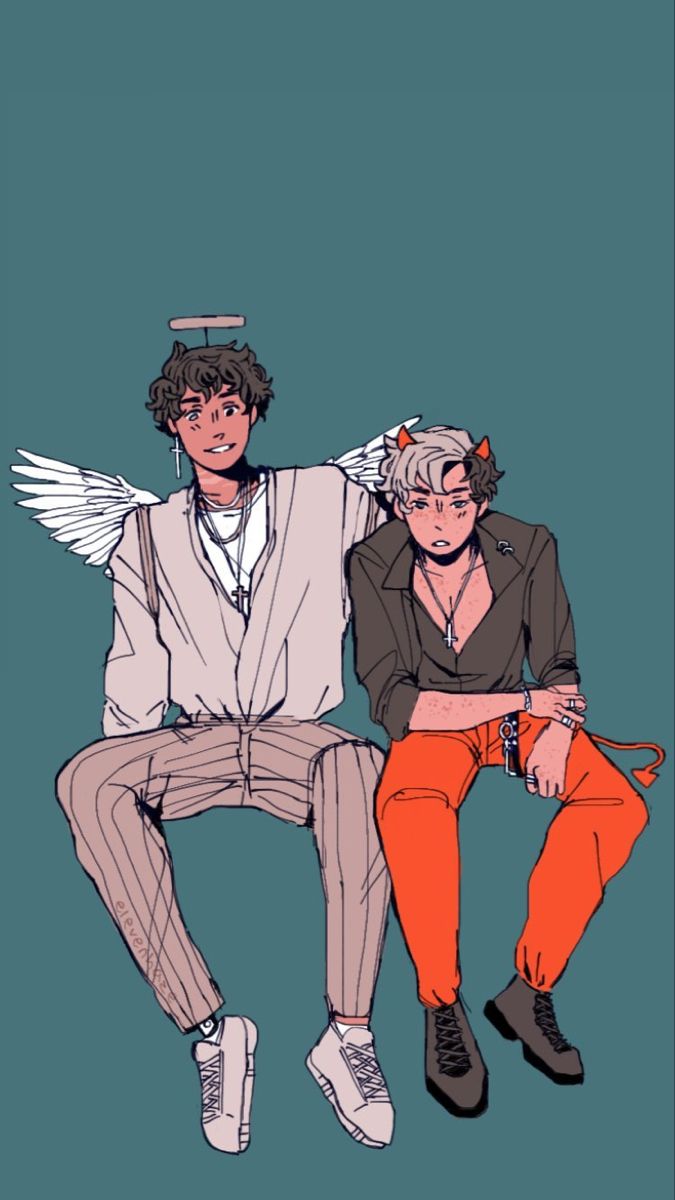 two people sitting next to each other with wings on their heads and one person wearing an orange pants