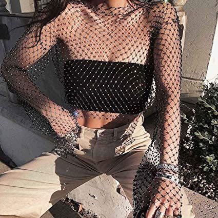 Top Transparente, Fishnet Crop Tops, Fishnet Top, Rhinestone Top, Club Tops, Crystal Diamond, Summer Crop Tops, Cropped Tops, Mesh Long Sleeve