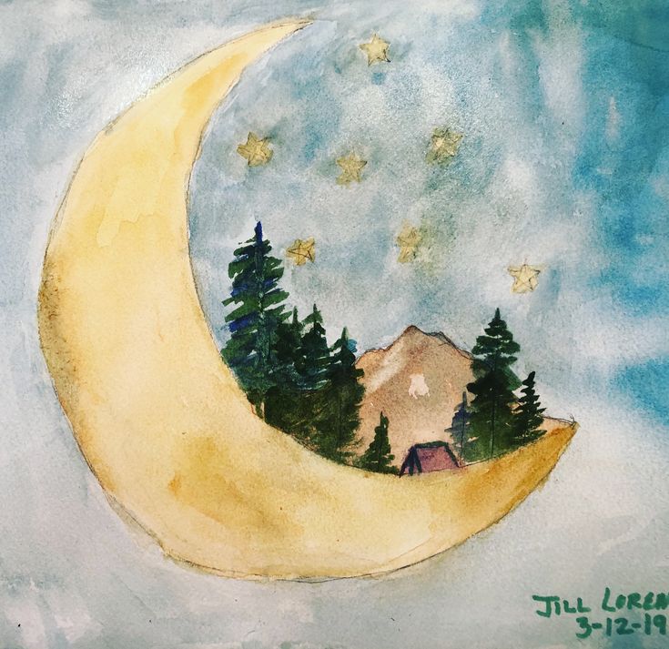 a painting of a half moon with trees on it and stars in the sky above