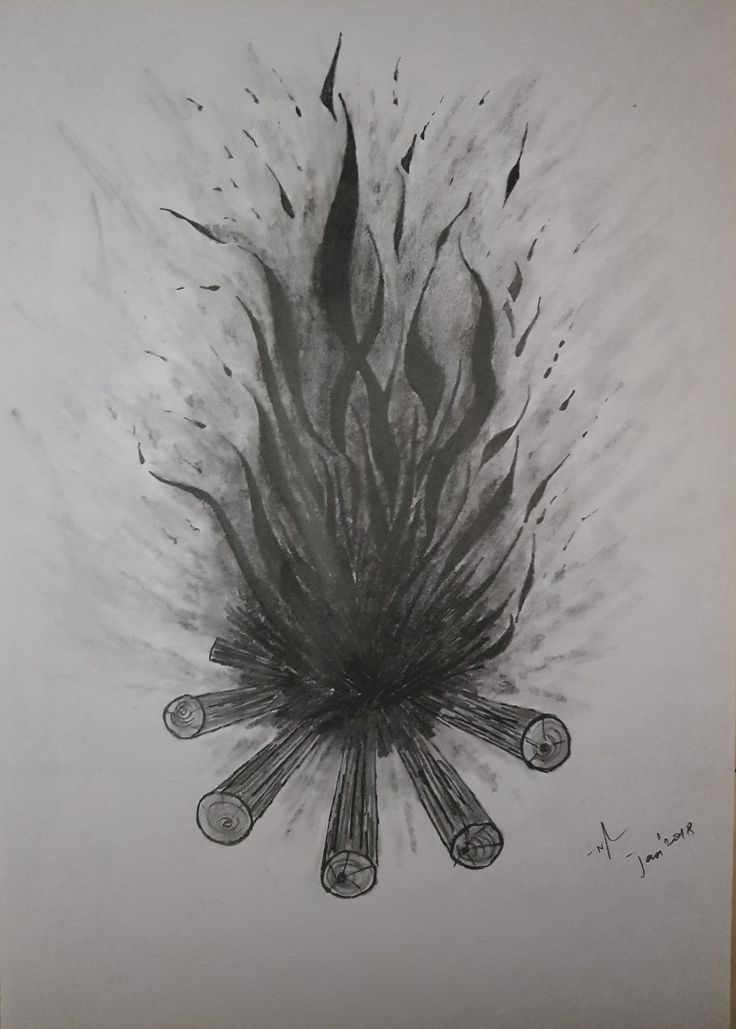 a pencil drawing of a fire with lots of flames coming out of the top and around it