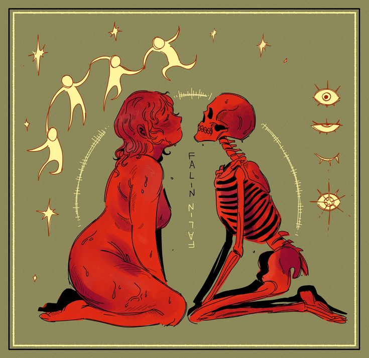 two skeletons sitting next to each other on a green background with stars and circles around them