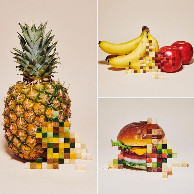 three pictures of different fruits and hamburgers made to look like legos, with one pineapple in the middle