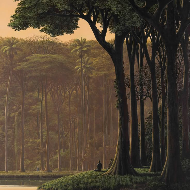 an image of a painting of trees in the middle of a forest with water and grass