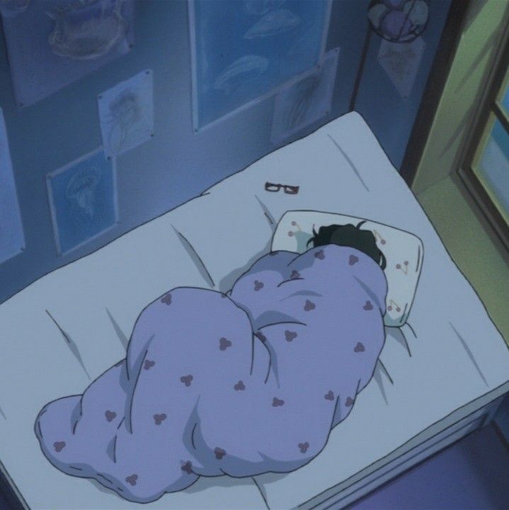 an animated image of a person laying in bed with the sheets pulled back and head down