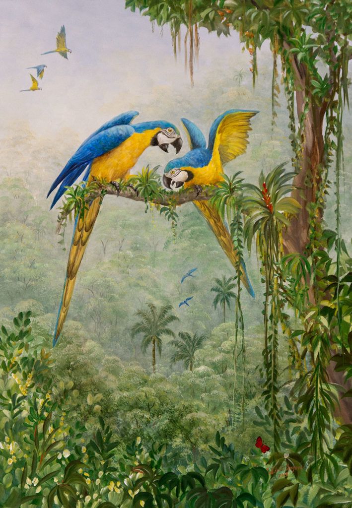 two blue and yellow parrots sitting on top of a tree branch in the jungle