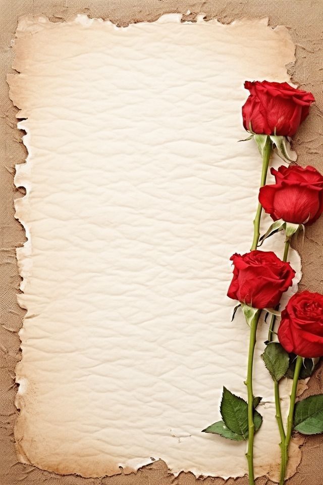 three red roses sitting on top of an old piece of paper with some torn off edges