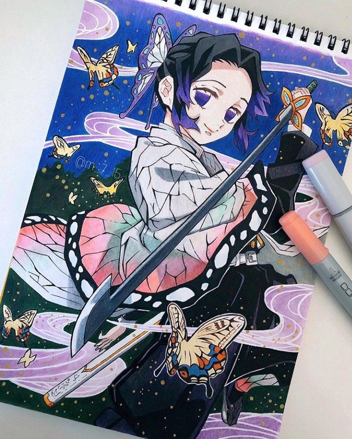 a drawing of a girl with butterflies on her wings and holding a knife in one hand