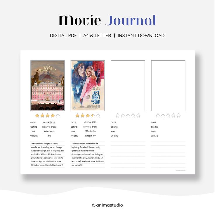 the movie journal is displayed on a white background with stars and an image of a woman's face