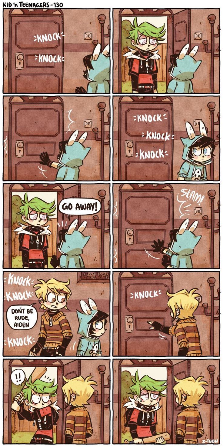 the comic strip shows two people talking to each other in front of an open door