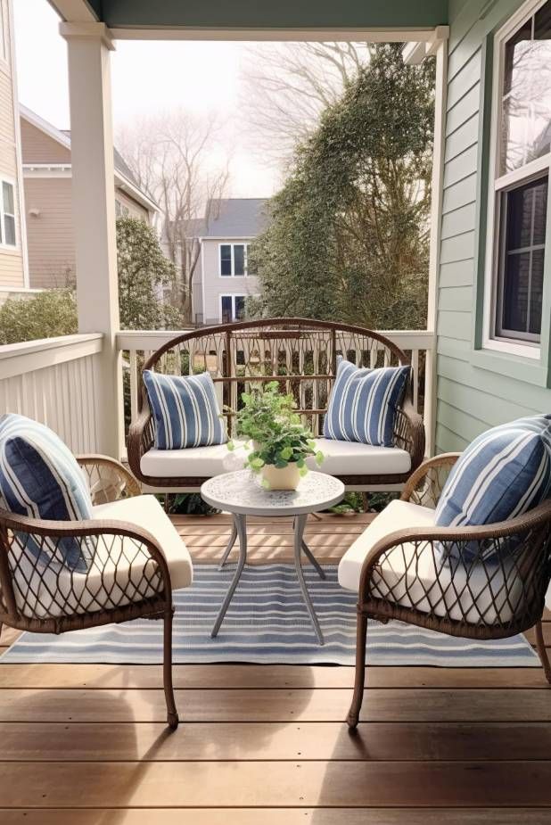 two chairs and a table on a wooden porch with blue striped cushions, white walls and wood flooring