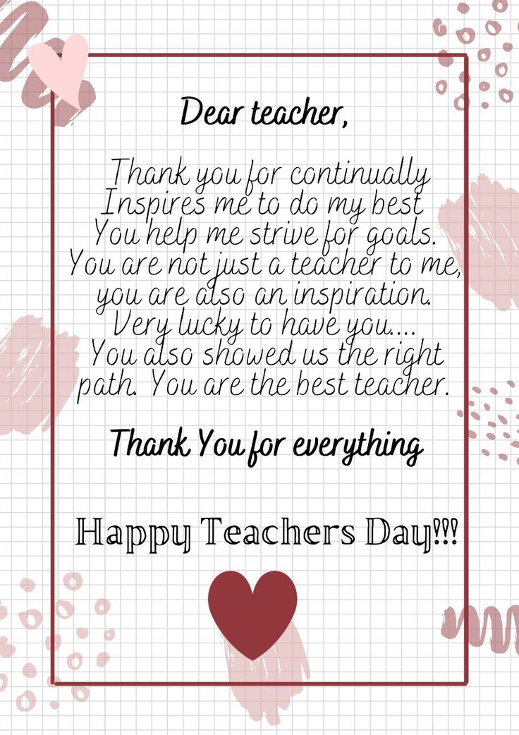 a teacher's day card with the words, thank you for teaching and hearts