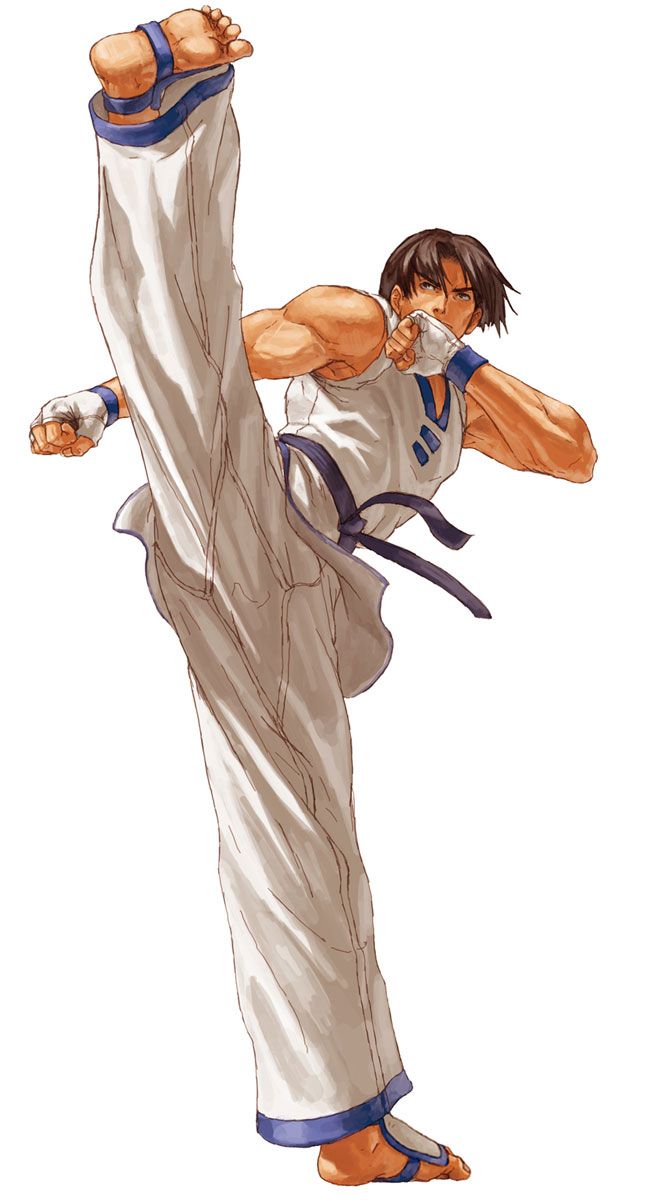 an anime character doing karate moves with one leg in the air and another hand on his hip