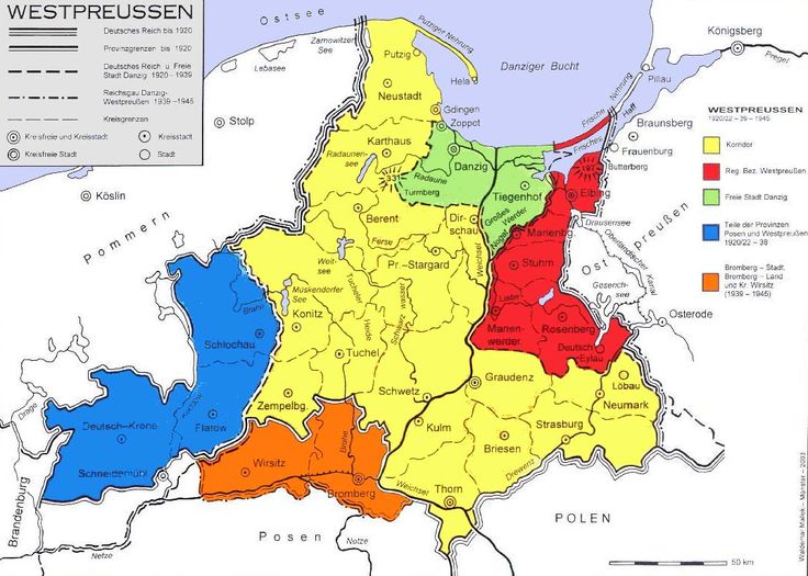 a map of the city of west preusssen in germany with colored areas on it