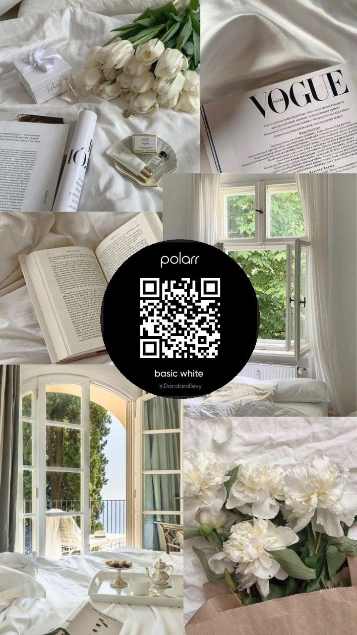 a collage of photos with white flowers and an open book on the bed in front of a window