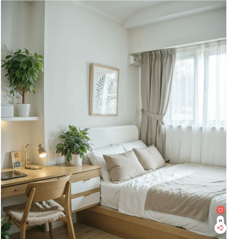 a bedroom with a bed, desk and chair next to a plant in the corner