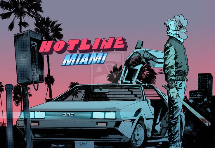 a man standing next to a car with the word hotline miami on it