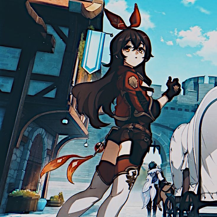 an anime character is standing in front of a white horse with horns and tail tails