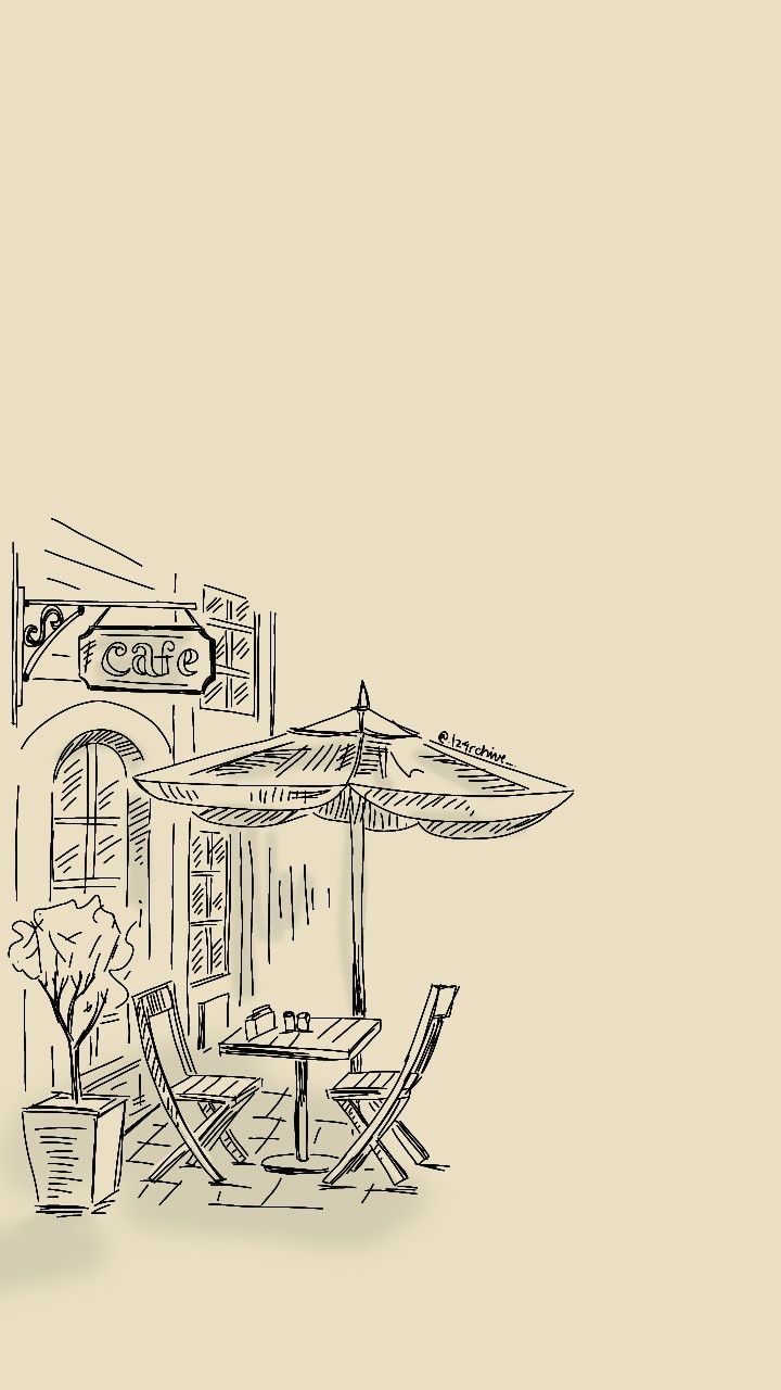 a drawing of an outdoor cafe with chairs and umbrellas